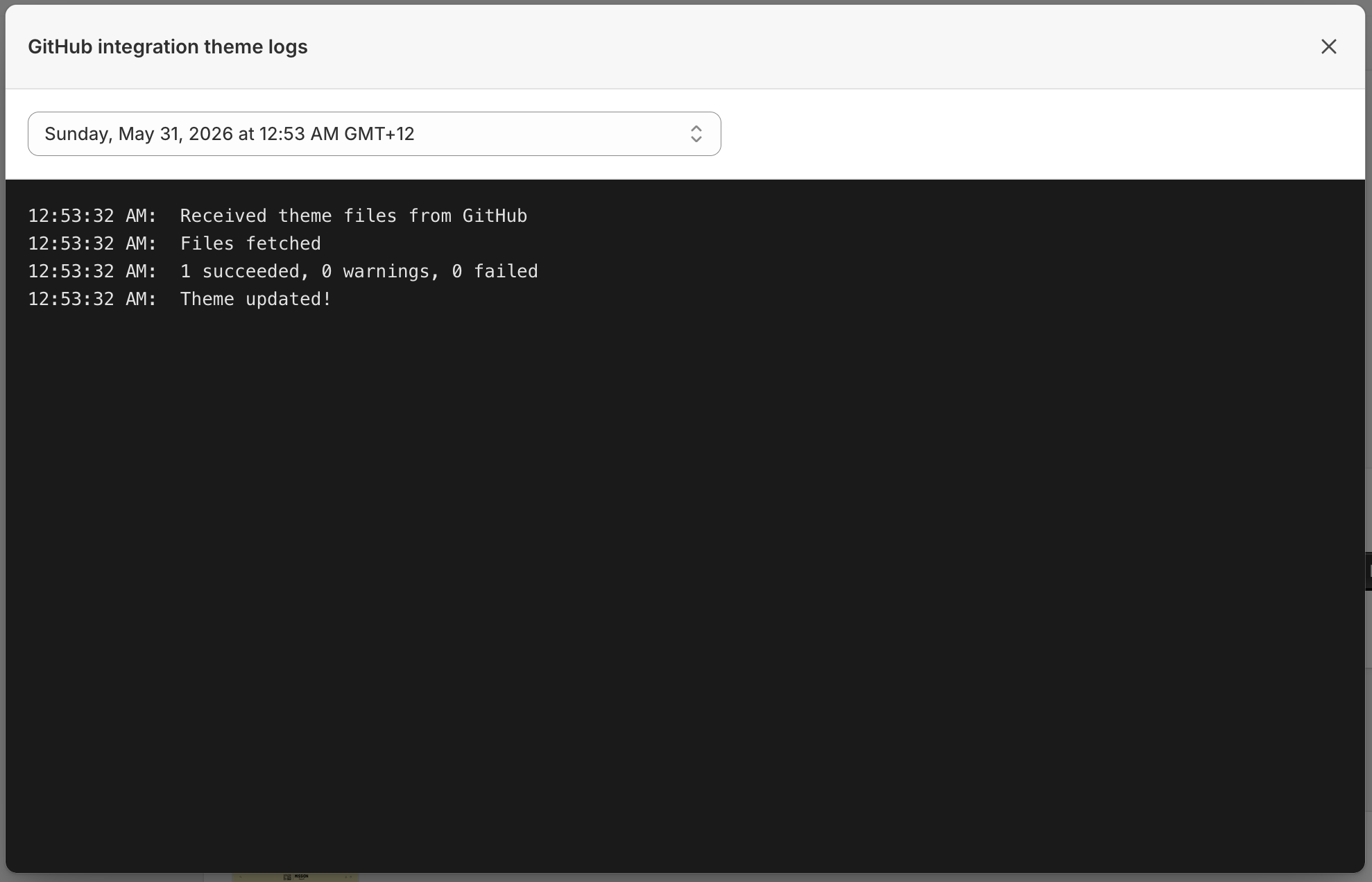 Shopify GitHub integration theme logs modal showing a successful sync: files received from GitHub and the theme updated with 1 succeeded, 0 failed