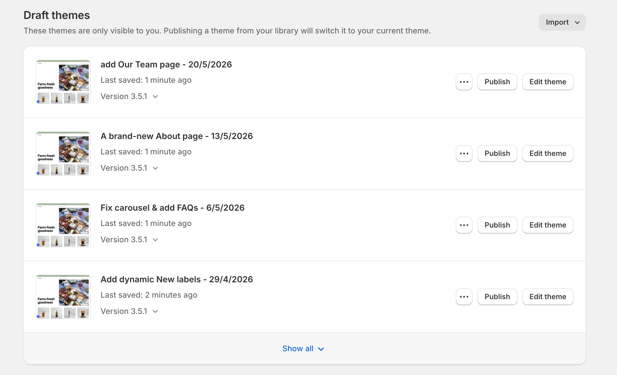 Shopify Draft themes library listing several draft themes, each with Publish and Edit theme buttons