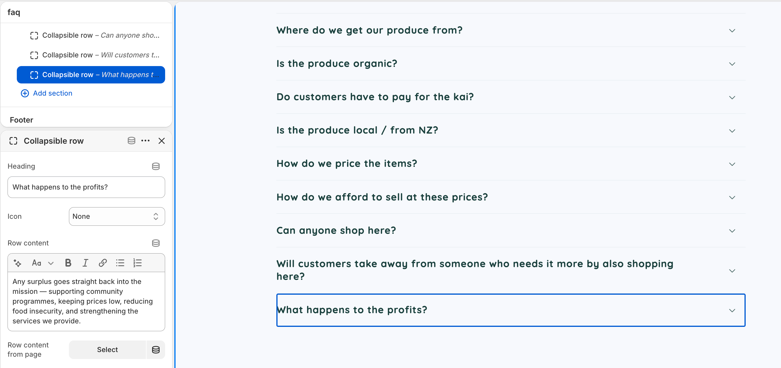 Shopify theme editor showing an FAQ section of collapsible rows, with the settings panel on the left editing a question’s heading and answer